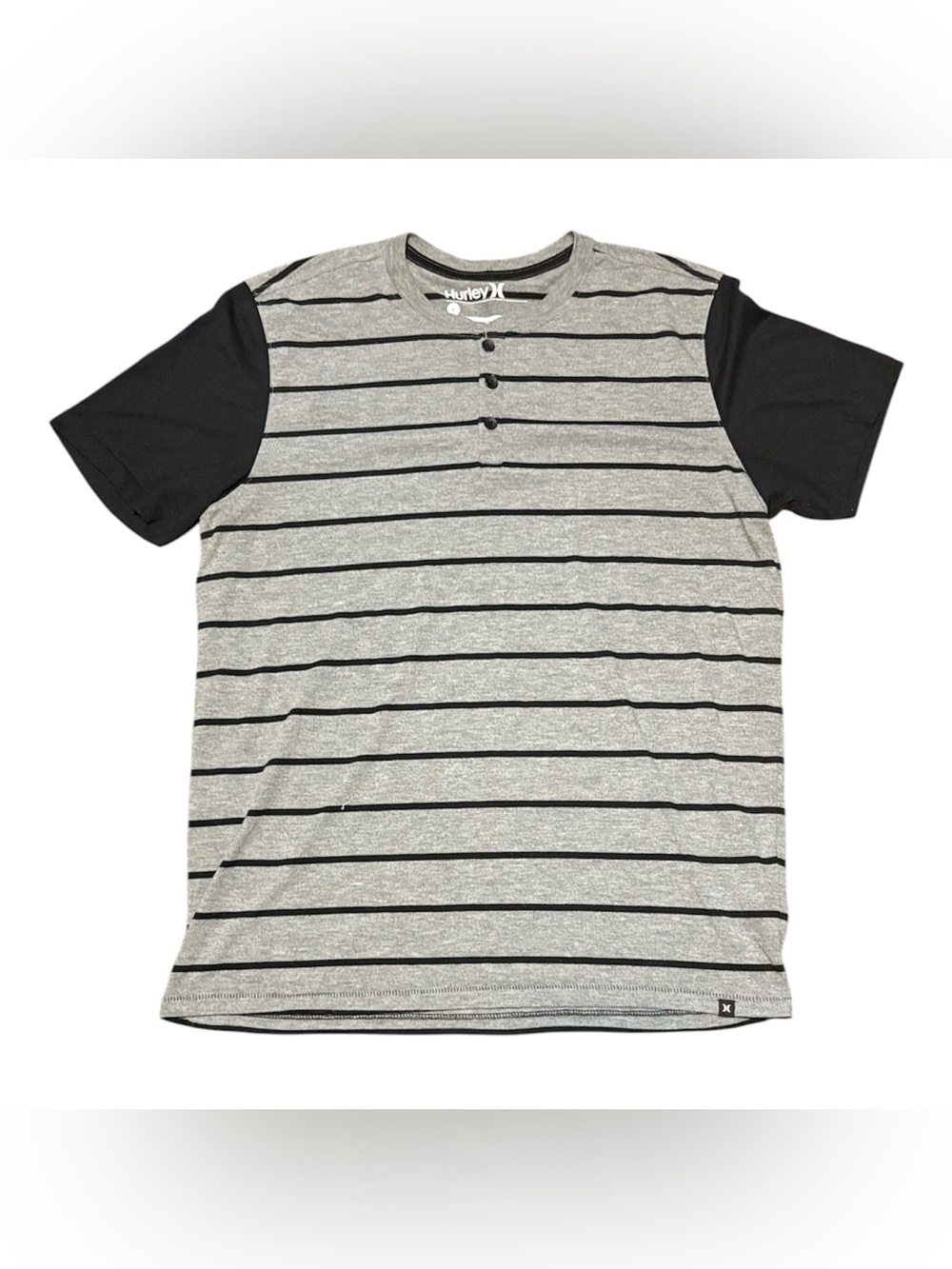 Hurley Gray Striped Short Sleeve Henley with Black Sleeves